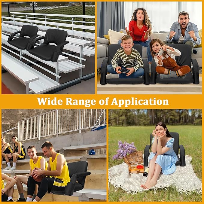 2 Pack Stadium Seats for Bleachers with Upgraded Armrests and Strong Back Support, Bleacher Seats with Extra Wide Cushion, 6.6LBS Lightweight, 6 Reclining Positions, Floor Chair for Indoor Outdoor