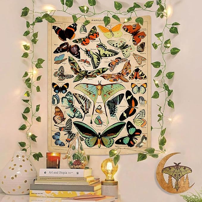Vintage Butterfly Tapestry 48” x 36”, Long Vertical Wall Hanging Reference Illustrative Papillons Tapestries for Bedroom Aesthetic Butterfly Tapistry Cute Vertical Tapestry Wall Hanging Bedroom Decor