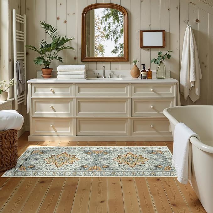 Area Rugs 2'x5' Runner Rug Non Slip Washable for Kitchen Hallway Bedroom Beside Laundry Room Bathroom Rug, Floor Carpet, Light Yellow Carbon Grey Orange