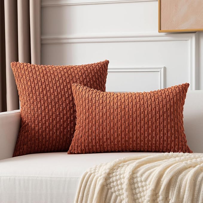 Kevin Textile Fall 12x24 Inch Pillow Cover 1 Pack Boho Decorative Soft Striped Corduroy Lumbar Farmhouse Solid Color Accent Rectangle Cushion Case for Living Room Couch Sofa Bed, Rust