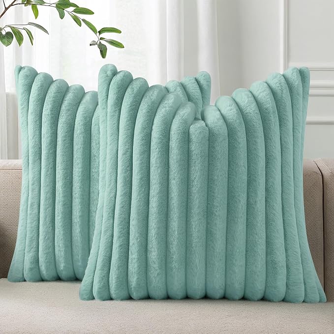 Pallene Faux Fur Plush Throw Pillow Covers 24x24 Set of 2, Luxury Soft Fluffy Striped Decorative Pillow Covers for Sofa, Couch, Living Room, Aqua