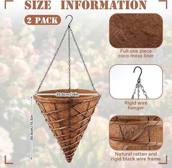 2 Pack 14" Cone Rattan Coco Moss Hanging Basket with Wire Hanger and Liner Heavy-Duty Wicker Hanging Planters with Coco Liner Plant Pot Flower Metal Wire Holder for Plant Balcony