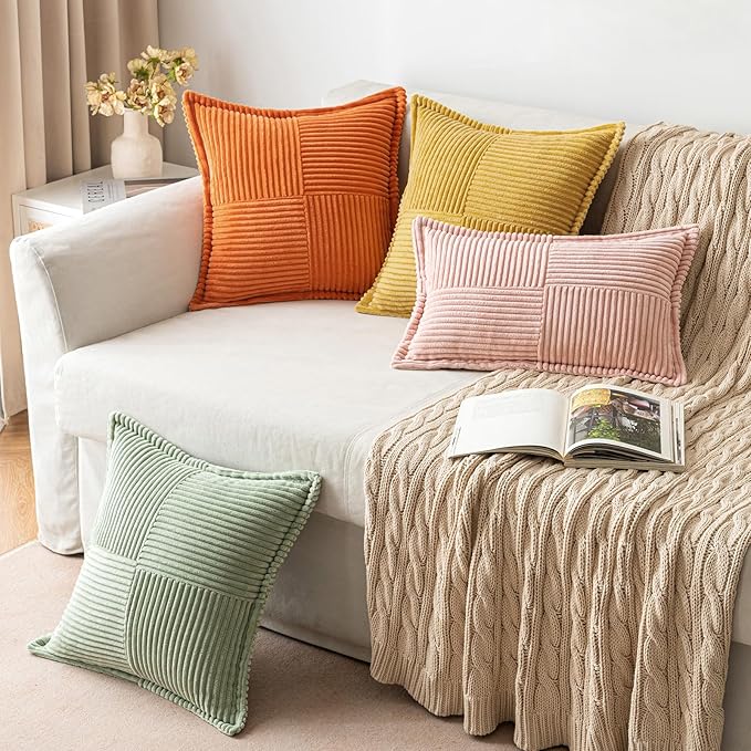MIULEE Decorative Throw Pillow Covers for Couch Bed Livingroom 16x16 Inch Set of 2 Gold Boho Accent Throw Pllows Broadside Striped Patchwork Soft Corduroy Summer Pillowcases