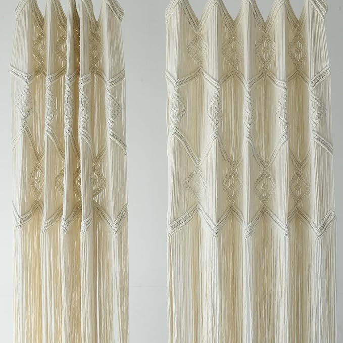 IOWER Macrame Curtains Windows 2 Panels 50" Wx75 L Macrame Closet Doorway Boho Curtains Long Macrame Decor Wedding Backdrop