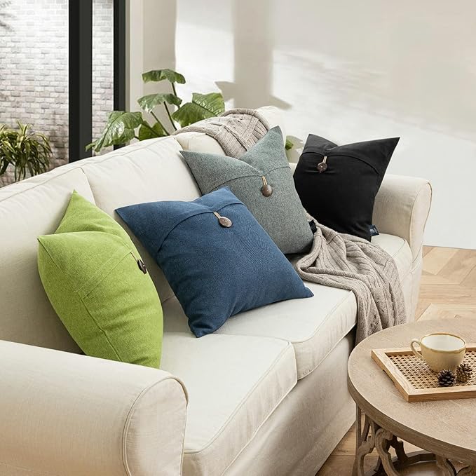 Phantoscope Pack of 2 Farmhouse Throw Pillow Covers Button Vintage Linen Decorative Pillow Cases for Couch Bed and Chair Gray 20 x 20 inches 50 x 50 cm
