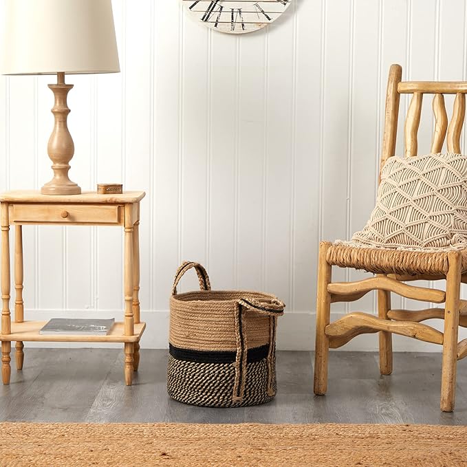 Nearly Natural 13in. Boho Chic Basket Natural Jute Basket Planter, Black Bottom Natural Top with Handles