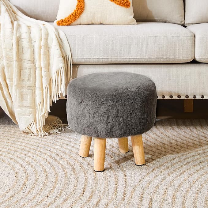YMYNY Round Pouf Ottoman Small Foot Stool Faux Fur Foot Rest for Couch Modern Boho Footstools with Wood Legs for for Living Room Bedroom Office 12.6" D×12.6" W×12.6" H Dark Gray UHBD035GR