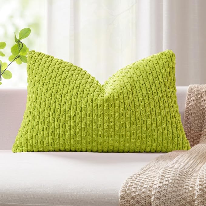 Kevin Textile 12x24 Inch Pillow Cover 1 Pack Boho Christmas Decorative Soft Striped Corduroy Lumbar Farmhouse Accent Rectangle Cushion Case for Living Room Couch Sofa Bed, Spring Green