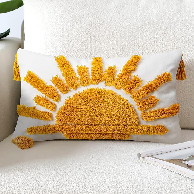 Adabana Boho Decorative Throw Pillow Covers 12x20 Tufted Yellow Sun Sunshine Pillow Cover for Bedroom Living Room Bed Sofa