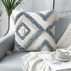 JASEN Blue and Beige Boho Decorative Throw Pillow Cover, Woven Tufted Pillow Cover with Tassels Diamond Pattern Pillow Covers 18x18 for Couch Sofa Bedroom Living Room(No Pillow Insert