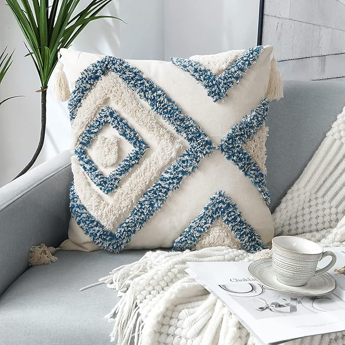 JASEN Blue and Beige Boho Decorative Throw Pillow Cover, Woven Tufted Pillow Cover with Tassels Diamond Pattern Pillow Covers 18x18 for Couch Sofa Bedroom Living Room(No Pillow Insert