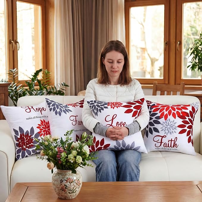 Tatuo 4 Pcs Flower Pillow Covers Square Spring Pillow Cushion Cases 18 x 18 Inch Family Faith Hope Love Words Decorative Summer Winter Cushion Case for Bed Couch Sofa Living Room(Red Series)