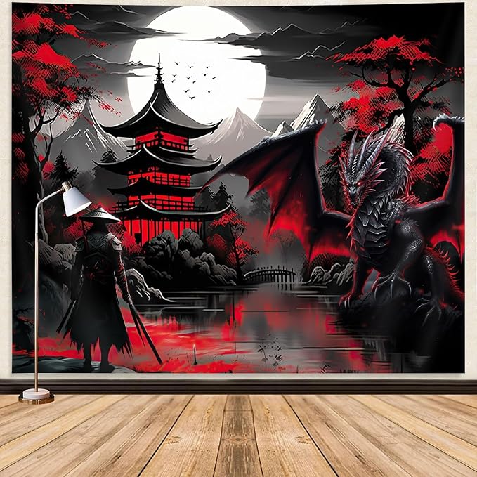 Anime Samurai Tapestry, Cool Red and Black Medieval Fantasy Dragon Tapestry Wall Hanging for Men, Mountain Forest Nature Sunset Dark Asia Japanese Tapestries Aesthetic for Living Room College, 80x60