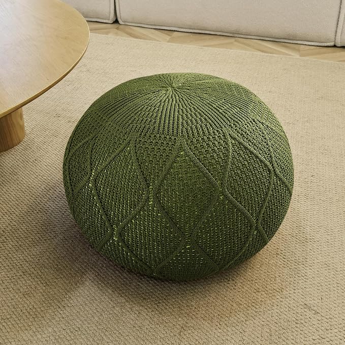 ARTPLAN Outdoor Round Pouf Ottoman Hand Knitted 100% Olifen Pouf Foot Stool, Foot Rest for Couch, Home Decor Pouffe Stuffed Pouf Floor Chair for Living Room, Bedroom,Lounge and Restroom,Army Green