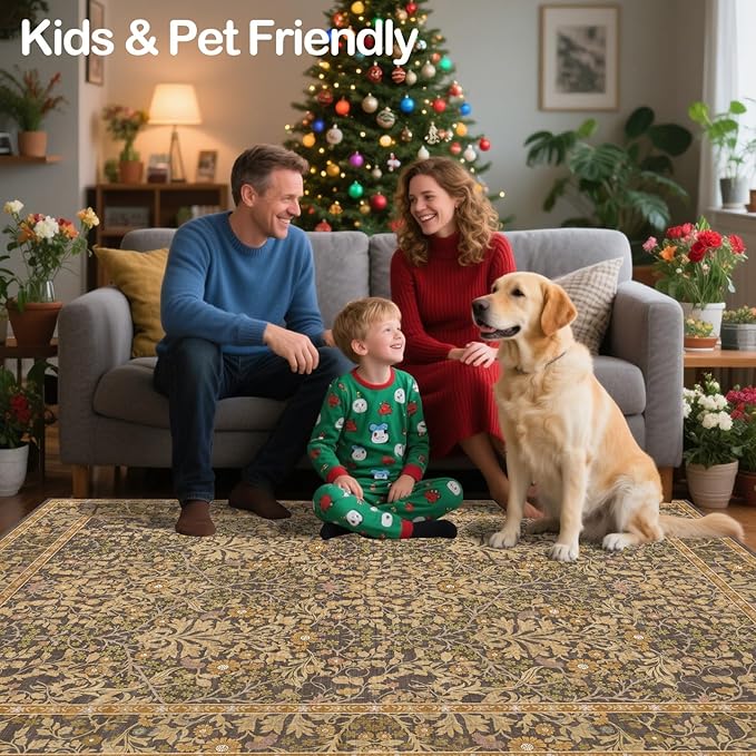 8x10 Washable Area Rugs for Living Room, Stain Resistant Vintage Rugs for Dining Room Under Kitchen Table, Bedroom, Floral Low Pile Non-Slip Large Carpet (8 x 10 Goldenrod)