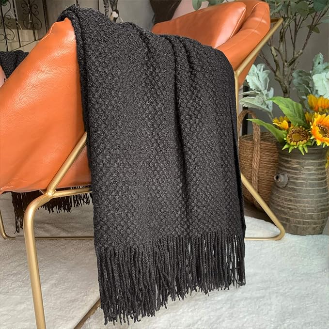 LOMAO Knitted Throw Blanket with Tassels Bubble Textured Lightweight Throws for Couch Cover Home Decor (Black, 60x90)