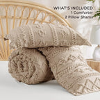 Bedsure Tufted Boho Comforter Set Full Size - Khaki Boho Bed Set, GentleSoft™ 3 Pieces Farmhouse Shabby Chic Embroidery Bedding, Gifts for Woman, Soft Jacquard Full Comforter for All Seasons