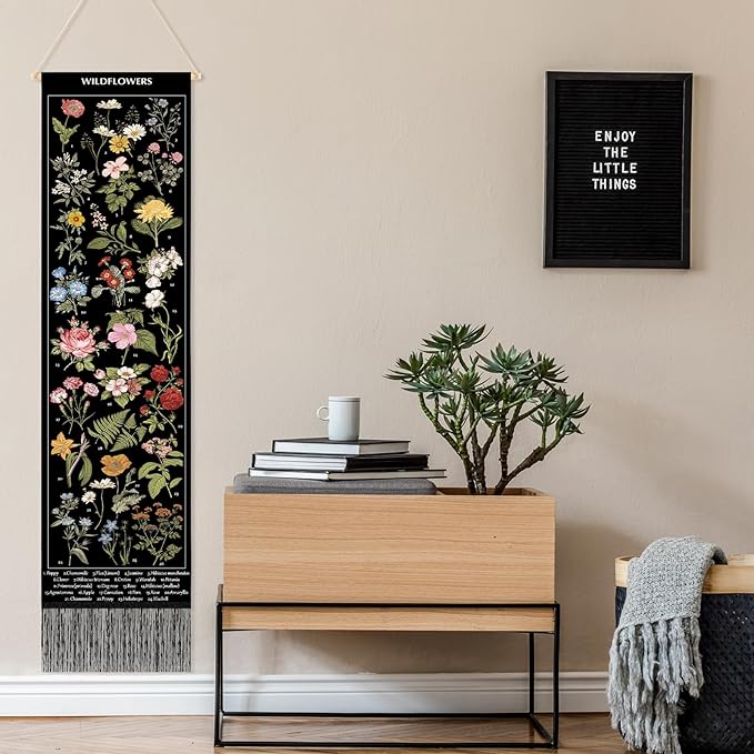 Geetery Vintage Floral Vertical Tapestry Wall Hanging Decor Long Flower Narrow Botanical Fabric Wall Art Hanging Reference Illustrative Tassel Tapestry for Bedroom Living Room Home Decor Gift(Black)