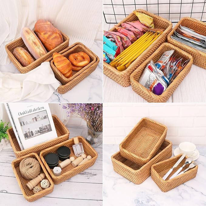 Set of 3 Rectangular Rattan Storage Baskets - 3 Size Expertly Hand Woven Rattan Fruit Baskets, Rectangular Woven Wicker Baskets, Wicker Organizer Baskets for Kitchen, Living Room, Office