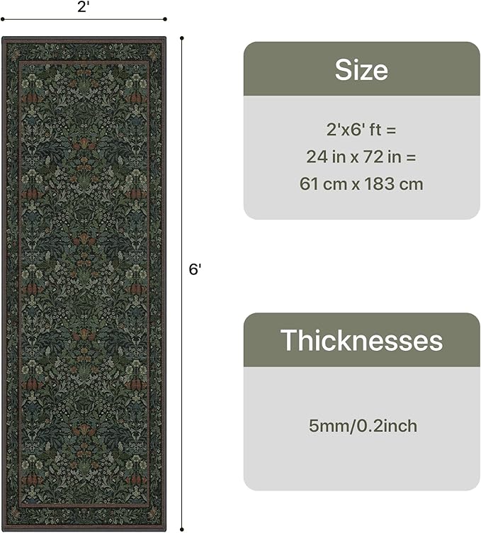 GENIMO 2x6 Runner Rug for Hallway Kitchen Entryway, Non Slip Washable Vintage Boho Soft Thin Floral Carpet, Indoor Low Pile Rug for Bedroom Bathroom Laundry Room, Dark Green