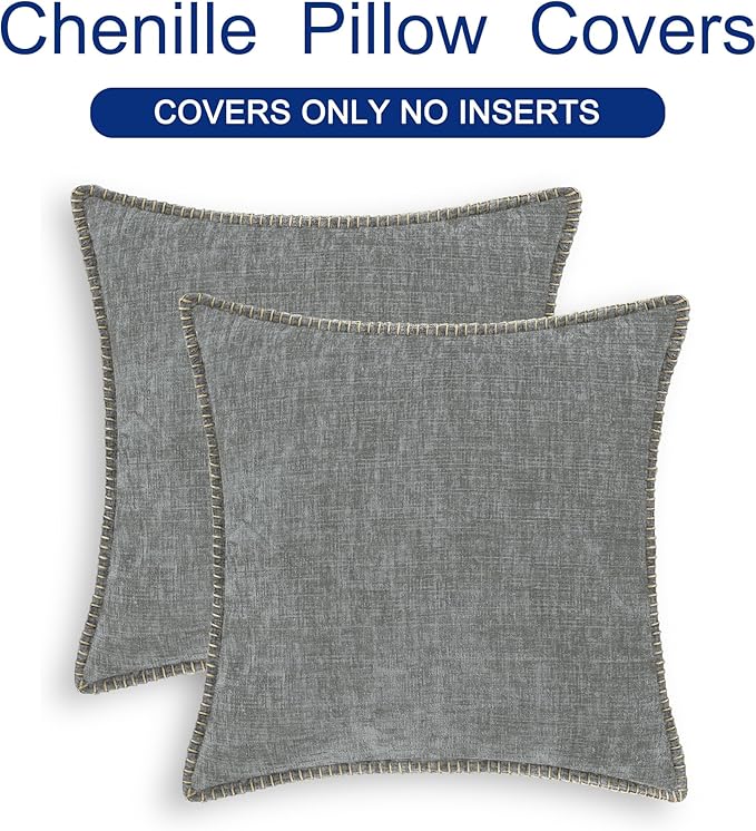 CaliTime Throw Pillow Covers Decorative 16 X 16 Inches Pack of 2 Cotton Thread Stitching Edges Solid Dyed Soft Chenille Cushion Cases for Couch Sofa Bed Living Room Farmhouse Medium Grey