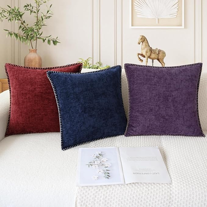 CaliTime Throw Pillow Covers Decorative 26 X 26 Inches Pack of 2 Cotton Thread Stitching Edges Solid Dyed Soft Chenille Cushion Cases for Couch Sofa Bed Living Room Farmhouse Navy Blue