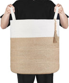 Mkono Woven Storage Basket Decorative Rope Basket Wooden Bead Decoration for Blankets,Toys,Clothes,Shoes,Plant Organizer Bin with Handles Living Room Home Decor, 15"Wx17.7"L,White and Yellow