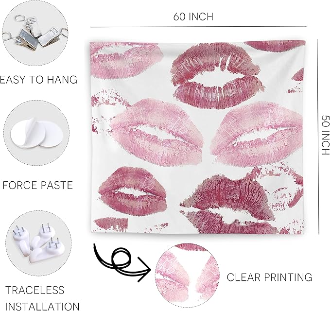 WNAGT Trendy Black and White Kiss Lips Tapestry Wall Hanging, Funky Makeup Wall Decor, Fashion Aesthetic Wall Blanket Decor for Girls Room College Dorm Makeup Room Beauty Room, 50x60 Inch