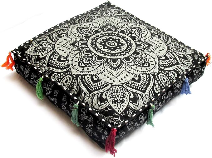 Large Hippie Mandala Round Floor Pillow Cover Ottoman Pouf Cover Daybed Cotton Cushion Cover with Heavy Duty Zipper Seating Ottoman Poufs Dog-Pets Bed (black silver flower, 18" Square)