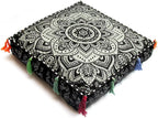 Large Hippie Mandala Round Floor Pillow Cover Ottoman Pouf Cover Daybed Cotton Cushion Cover with Heavy Duty Zipper Seating Ottoman Poufs Dog-Pets Bed (black silver flower, 18" Square)