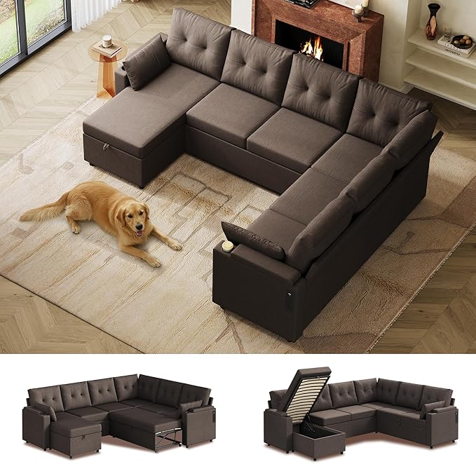 WLIVE 110'' Sectional Couches for Living Room, Pull Out Couch, U Shape 7 Seat Sleeper Sofa with Storage Chaise and Pillows, Removable Sofa Cover, Cups Holders, USB Charging Station, Brown