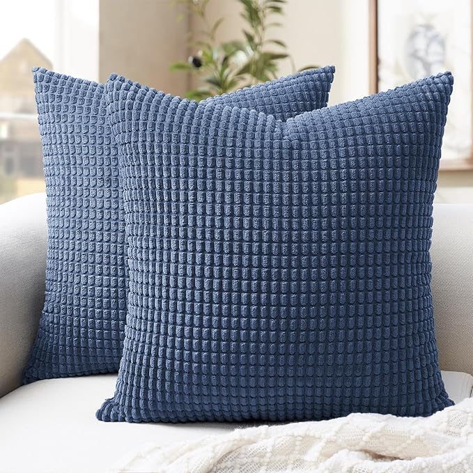 Softalker Throw Pillow Covers 16x16 Inch, Set of 2, Soft Corduroy Boho Stripe Decorative Pillow Cover, Couch Fluffy Pillow Cover for Farmhouse Home Decor Bed Living Room, Blue