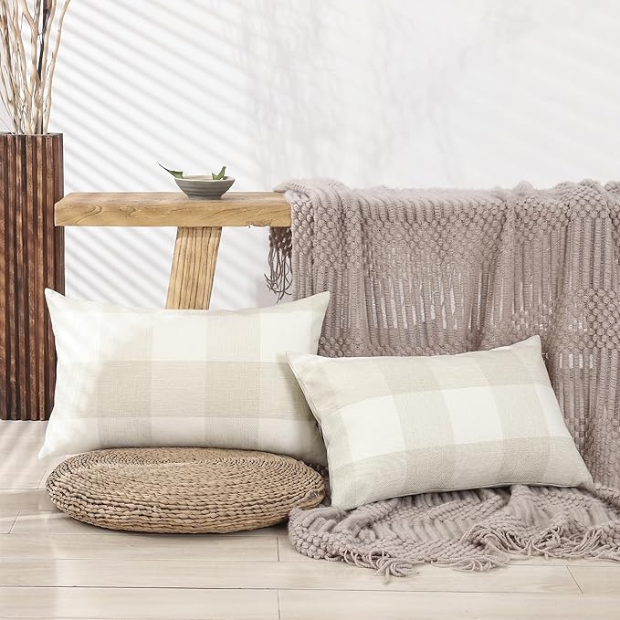 CARRIE HOME Beige Cream Buffalo Plaid Lumbar Pillow Covers 12x20 Set of 2 Neutral Checkered Pillow Covers 12 x 20 Outdoor Farmhouse Lumbar Pillow Covers for Couch, Sofa and Patio