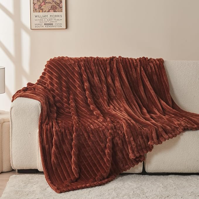 NEWCOSPLAY Super Soft Twin Blanket Coffee Premium Silky Flannel Fleece 3D Ribbed Jacquard Lightweight Bed Blanket All Season Use (Coffee Ribbed, Twin(60"x80"))