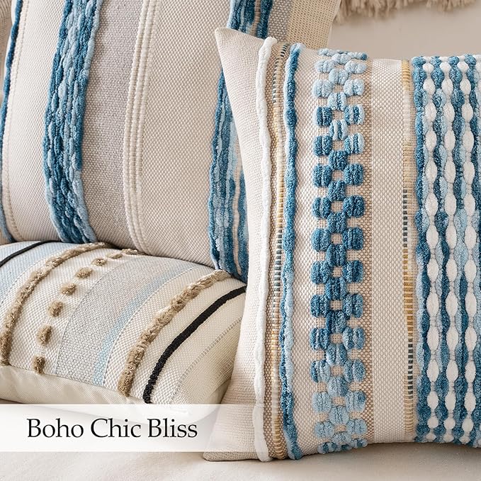 ANRODUO Pack of 1 Boho Decorative Throw Pillow Covers 14x36 Farmhouse Cushion Case Long Striped Chenille Pillow Cases Lumbar Pillow Covers Accent Neutral Pillow for Sofa Couch Bed, Light Blue Stripe