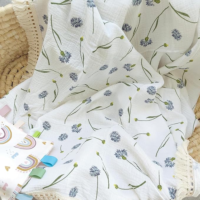 insular Cotton Muslin Baby Blanket with Tassel, Boho Bohemian Muslin Swaddle Blanket Baby Receiving Blanket with Fringe, Nursery Decor Throw or Nursing Blankets, 47" x40”, Blue Dandelion
