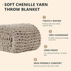 L'AGRATY Chunky Knit Blanket Throw: 72''x84'' Chenille Chunky Knitted Throw Blankets for Bed Couch - Handmade Thick Big Cable Knit Blanket - Large Crochet Rope Blankets for Home Decor(Light Linen)