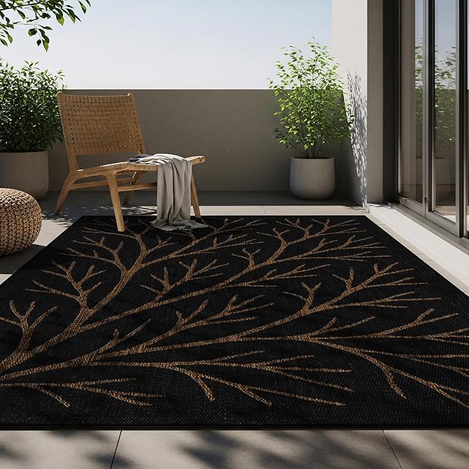 Washable Indoor Outdoor Rug 6x9 Modern Area Rugs Branch Pattern Non Shedding Waterproof Easy Clean Patio Deck Porch Living Room Bedroom Garden RV (6 X 9 Gold)