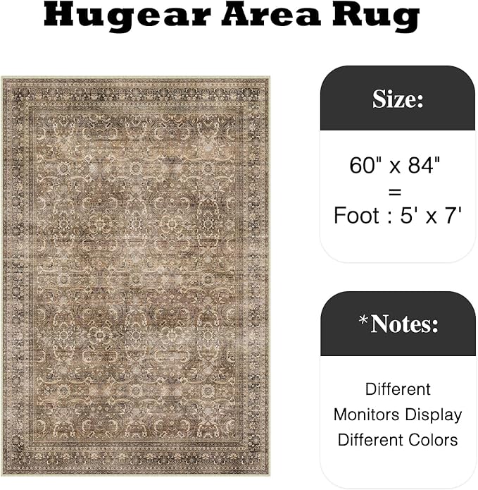 HUGEAR Area Rug 5x7 Vintage Brown Machine Washable Living Room Rugs Distressed Retro Floral Vacuumable Low Pile Carpet Bedroom Office Dining Room Laundry Room Non Slip Soft Lightweight