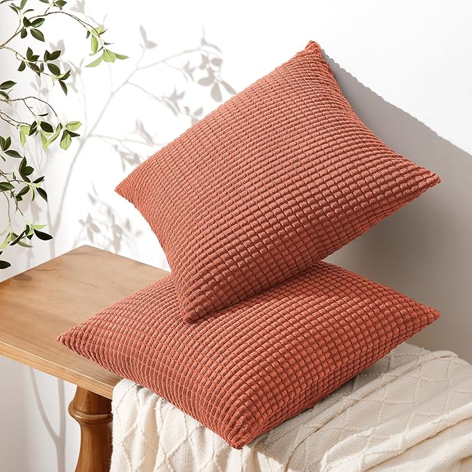 Softalker Fall Decorative Throw Pillow Covers 24 x 24 Inch, Set of 2, Thanksgiving Autumn Harvest Super Soft Corduroy Boho Striped Pillowcases for Couch Sofa Living Room Bed Home Decor, Burnt Orange