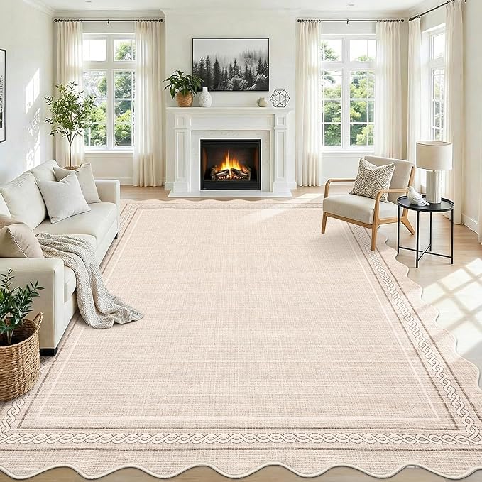 GarveeHome Washable 9x12 Area Rug for Living Room Scalloped Beige Rug Non Slip Soft Bedroom Rugs Neutral Cream Low Pile Stain Resistant Carpet for Nursery Dining Room Classroom Playroom, Beige