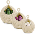Hanging Storage Baskets Boho Decor Set of 3, Handmade Cotton Rope Wall-Mounted Fruit & Vegetable Baskets, Decorative Hanging Organizers for Kitchen, Entryway, Bathroom & Bedroom