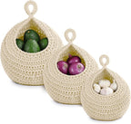 Hanging Storage Baskets Boho Decor Set of 3, Handmade Cotton Rope Wall-Mounted Fruit & Vegetable Baskets, Decorative Hanging Organizers for Kitchen, Entryway, Bathroom & Bedroom