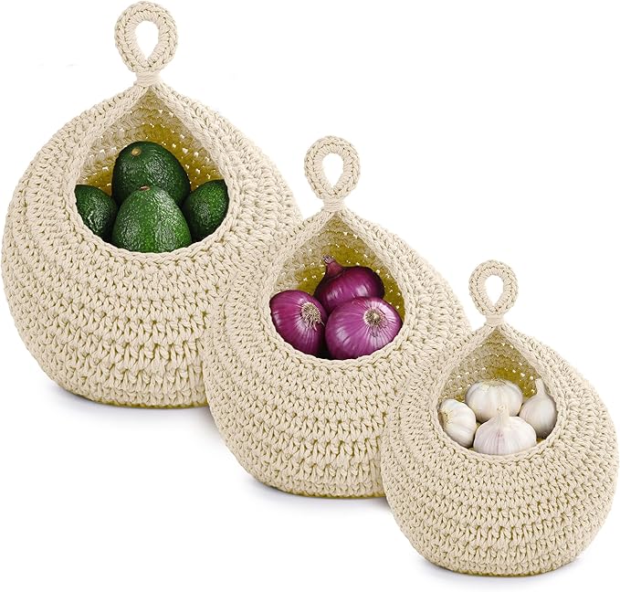 Hanging Storage Baskets Boho Decor Set of 3, Handmade Cotton Rope Wall-Mounted Fruit & Vegetable Baskets, Decorative Hanging Organizers for Kitchen, Entryway, Bathroom & Bedroom