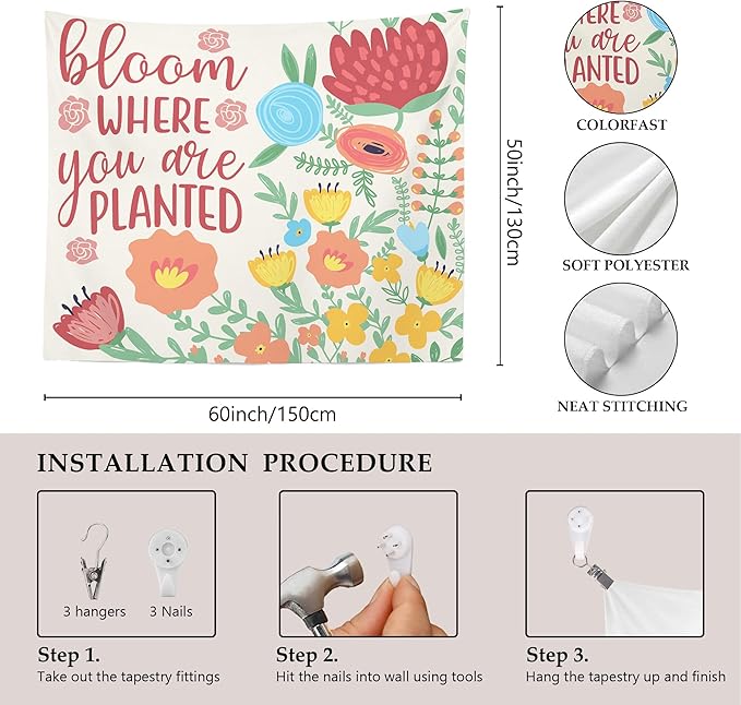 MNOSAIOO Inspirational Floral Spring Wall Tapestry Hanging for Classroom, Bloom Where You Are Planted Tapestry, Cute Nursery Colorful Tapestries Wall Decor for Bedroom Therapy Girly Room 60x50 inch