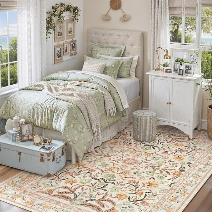 Lahome Sylvie Fall Boho Washable Area Rugs 5x7 for Bedroom, Bohemian Brown Rugs for Living Room, Soft Floral Thin Carpet for Kids Room Apartment Dorm Home Decor, Ochre Fall