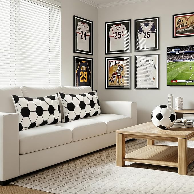 2 Pcs Soccer Ball Velvet Pillow Covers 12 x 20 Inch 3D Tufted Black Soccer Embroidery Sports Theme Decorative Throw Cushion Case for Bedroom Sofa Living Room Couch Chair Home Decor