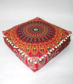 CRAFT KALA Red Peacock Large Hippie Mandala Meditation Floor Ottoman Pillow Cushion Pouf Cover Square Poufs Bohemian Circle Floor Cushion Case Outdoor Fireplace Yoga Living Room Decor Cover 24" Square