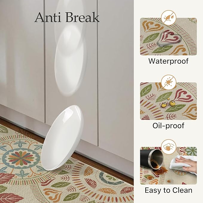 GENIMO Kitchen Mats for Floor 2PCS, Cushioned Kitchen Rugs Non Slip Washable, Farmhouse Anti Fatigue Mat Waterproof, Comfort Standing Mat Rug for Office, Home, Laundry, 17.3"x59"+17.3"x30", Beige&Red