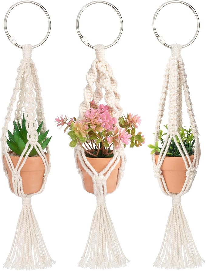 Macrame Plant Hangers, 3 Pcs Plant Hangers with Artificial Succulent Plants, Interior Car Accessories for Women, Rear View Mirror Accessories by MoHern